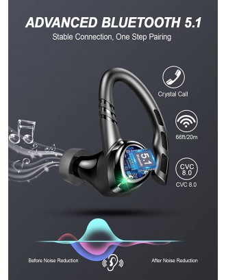 Wireless Earbud, Bluetooth Headphones 5.1 Sport Unique Earhooks, Wireless Earphones in Ear Noise Cancelling Mic Stereo Bass, 35H Playtime IPX7 Waterproof Headset for Workout Running Gym Android iOS Wireless Earbud, Bluetooth Headphones 5.1 Sport Unique Earhooks, Wireless Earphones in Ear Noise Cancelling Mic Stereo Bass, 35H Playtime IPX7 Waterproof Headset for Workout Running Gym Android iOS