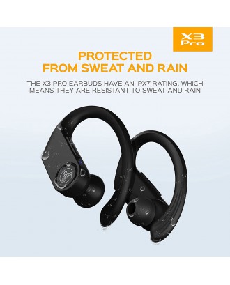 Treblab X3 Pro - True Wireless Earbuds with Earhooks - 45H Battery Life, Bluetooth 5.0 with aptX, IPX7 Waterproof Headphones - TWS Bluetooth Earphones with Charging case for Sport, Running, Workout