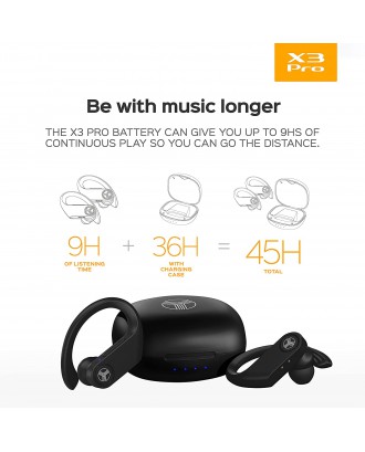 Treblab X3 Pro - True Wireless Earbuds with Earhooks - 45H Battery Life, Bluetooth 5.0 with aptX, IPX7 Waterproof Headphones - TWS Bluetooth Earphones with Charging case for Sport, Running, Workout
